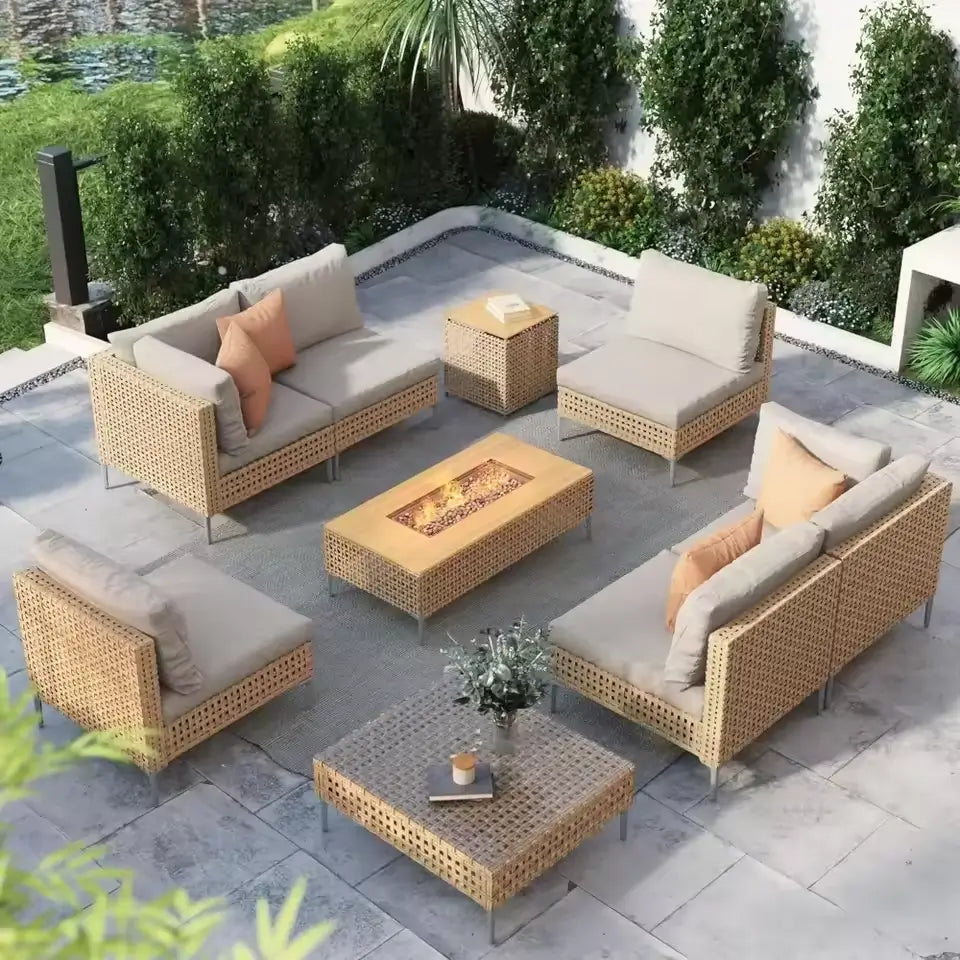 AHL 9-Piece Outdoor Patio Set with 47" Propane Fire Pit Table